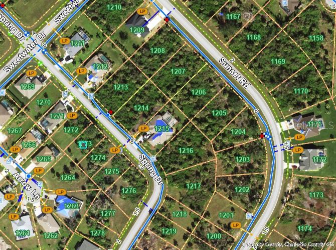 This is a satellite map showing residential lots and streets in a suburban neighborhood — 125 SPRING DRIVE, ROTONDA WEST, FL