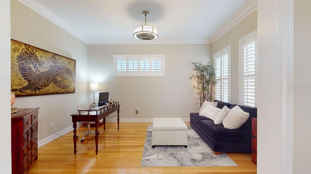 A home office features a dark wood desk, a navy sofa, and a large dragon wall art — 116 S HESPERIDES STREET, TAMPA, FL