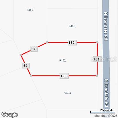 This is a map showing the property boundaries and dimensions of a land parcel — 9452 N IRONDALE ROAD, DUNNELLON, FL