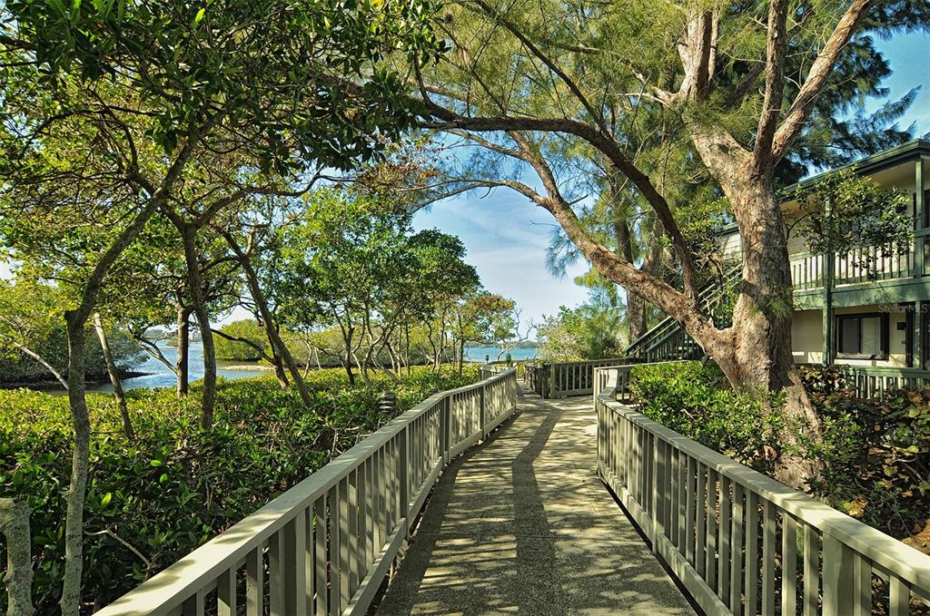 A concrete walkway with railings leads through trees toward a view of the water — 1608 BAYHOUSE POINT DRIVE UNIT GL304, SARASOTA, FL