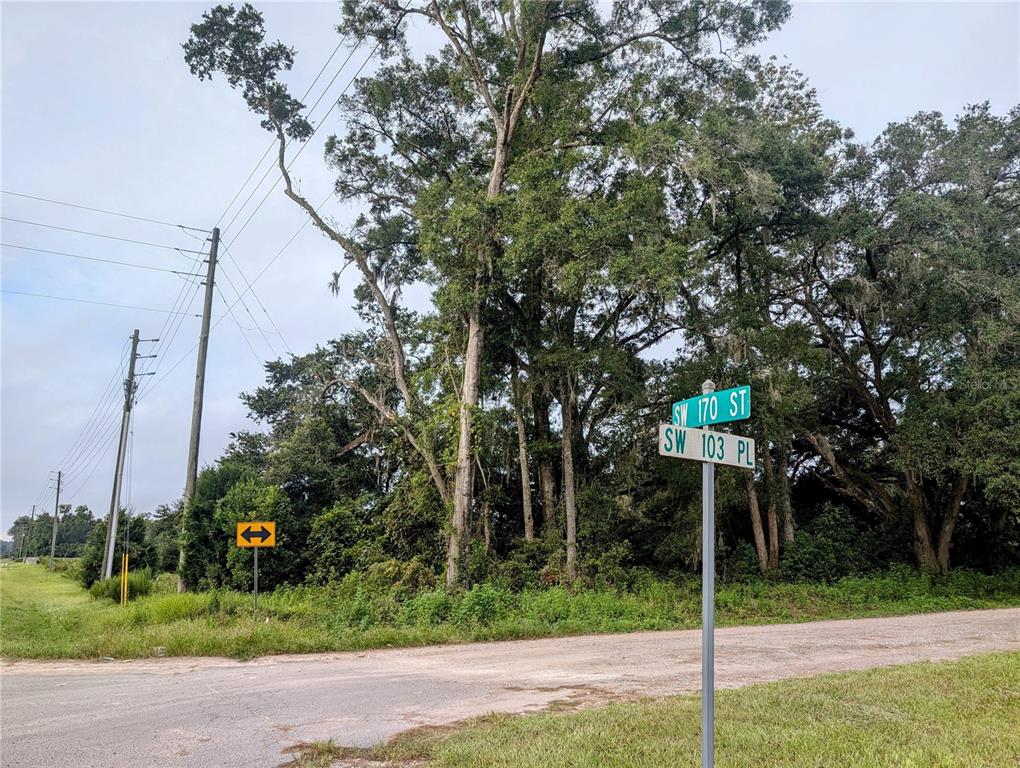 A street sign at the intersection of SW 170 St and SW 103 Pl stands before trees — 10316 SW 170TH STREET, ARCHER, FL