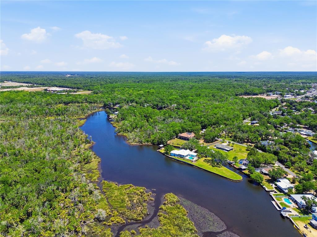 An aerial view shows a river winding through a dense forest with several waterfront homes — 650 MILLER CREEK ROAD, CRYSTAL RIVER, FL