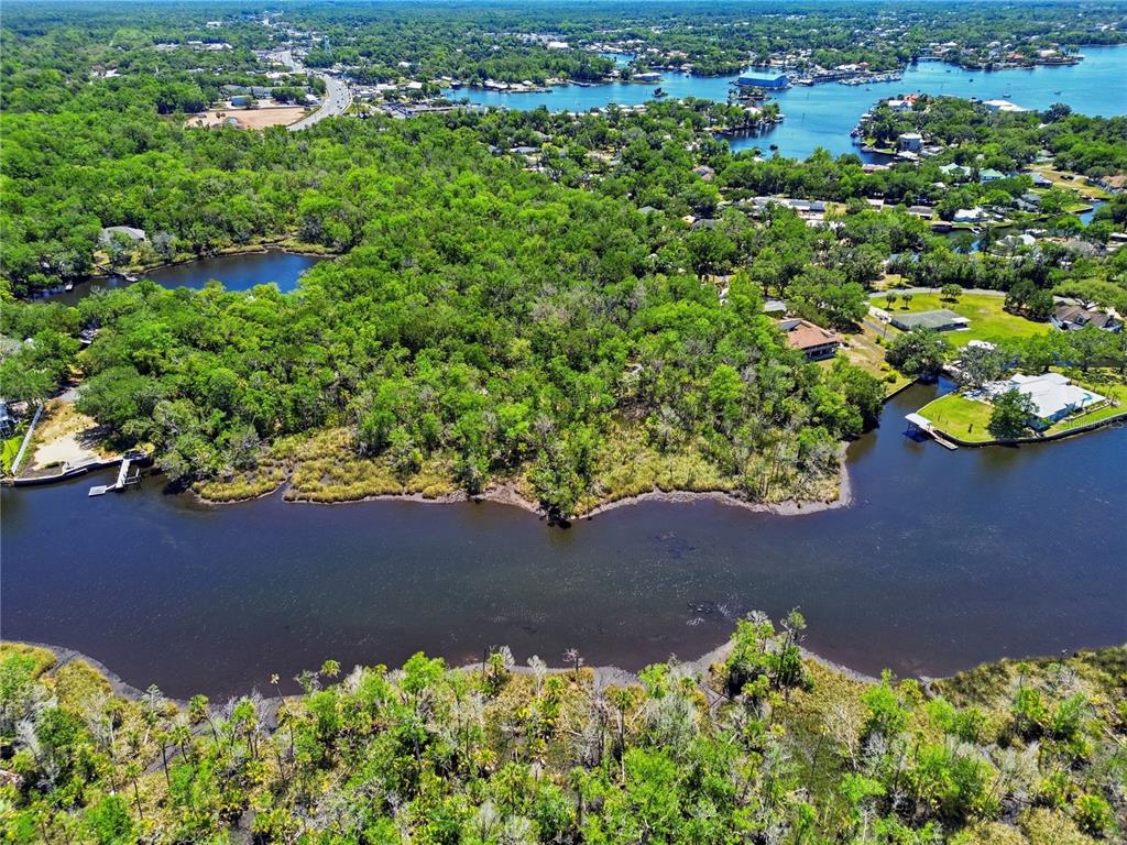 An aerial view shows a wooded waterfront lot bordered by a river and marshland — 650 MILLER CREEK ROAD, CRYSTAL RIVER, FL