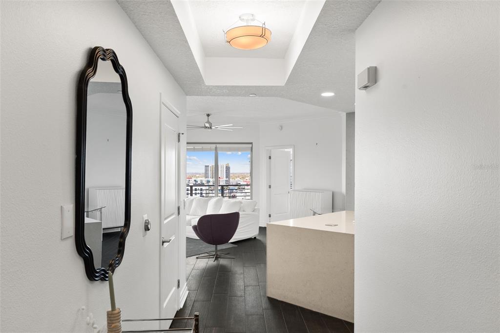 A hallway with a mirror and light fixture leads to a living area with city views — 1209 E CUMBERLAND AVENUE UNIT 2103, TAMPA, FL