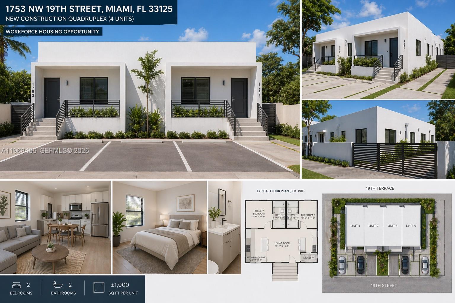 This image shows a modern four-unit residential building, interior rooms, a floor plan, and site map — 1753 NW 19th St, Miami FL 33125, MIAMI, FL