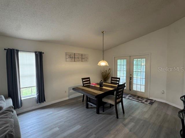 A dining area features a wooden table, four chairs, a pendant light, and glass doors — 8079 GRAND PINES BOULEVARD, LAKELAND, FL