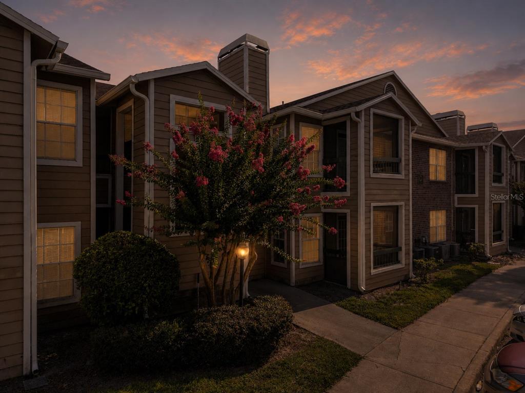 An exterior view of a multi-story apartment building at sunset with a flowering tree — 5530 CHRISHIRE WAY UNIT D109, ORLANDO, FL