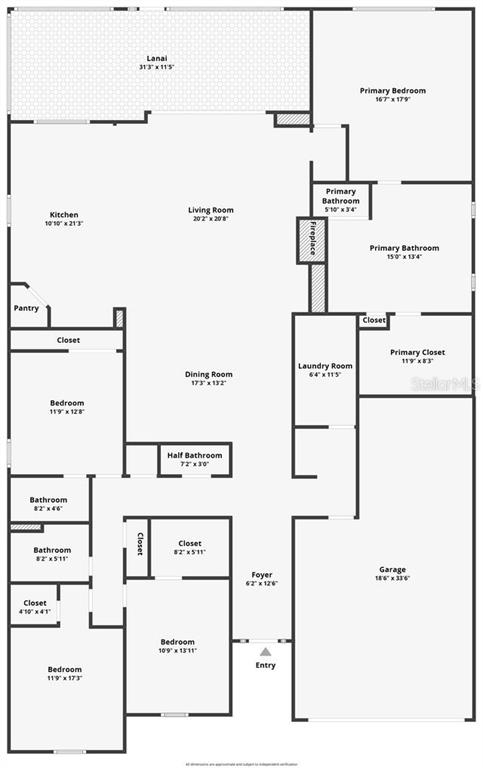 This is a floor plan showing a house with four bedrooms, a garage, and a lanai — 3447 CURRENT, WINTER GARDEN, FL