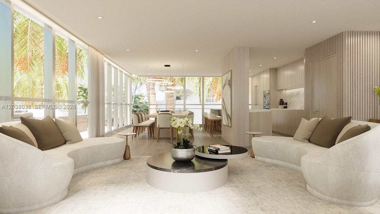 This rendering shows a modern open-concept living area with curved sofas and neutral finishes — 250 Collins Ave # 305, Miami Beach FL 33139, MIAMI BEACH, FL