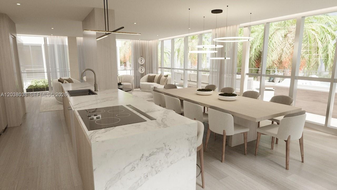 This rendering shows a modern kitchen and dining area with marble countertops and floor-to-ceiling windows — 250 Collins Ave # 305, Miami Beach FL 33139, MIAMI BEACH, FL