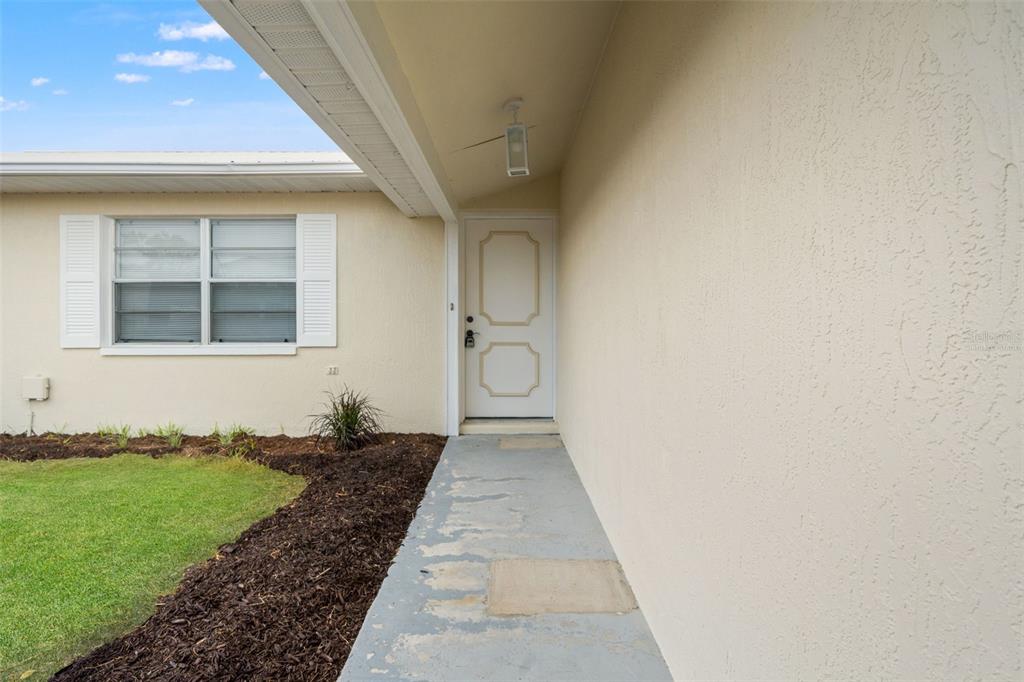 A beige house exterior features a white front door, a concrete walkway, and a window — 5510 ALDERWOOD STREET, SPRING HILL, FL