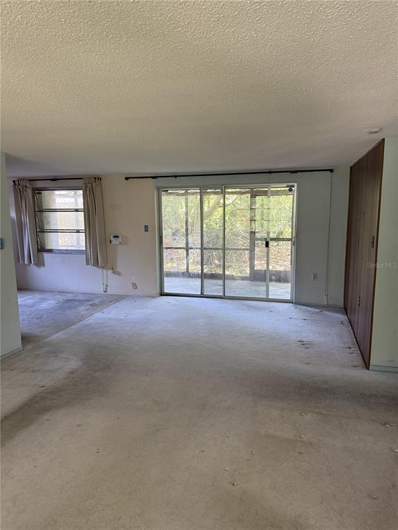A living room with beige carpet, sliding glass doors, and a wood-paneled accent wall — 9401 GRAY FOX LANE, PORT RICHEY, FL