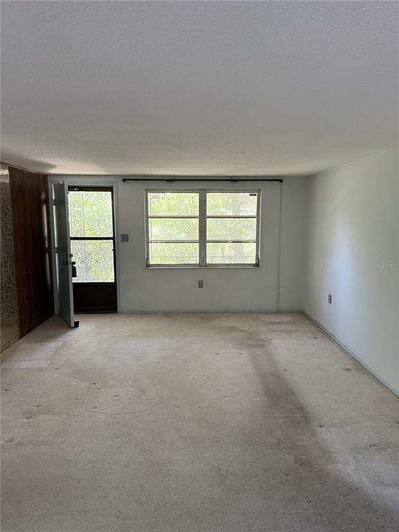 An empty room with beige carpet, white walls, a window, and a glass-paneled door — 9401 GRAY FOX LANE, PORT RICHEY, FL