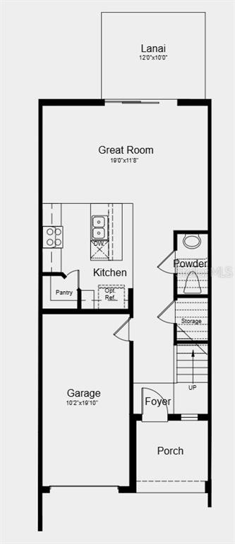 This is a floor plan of a home's first level featuring a garage, kitchen, and lanai — 2627 BALMERINO WAY, MOUNT DORA, FL