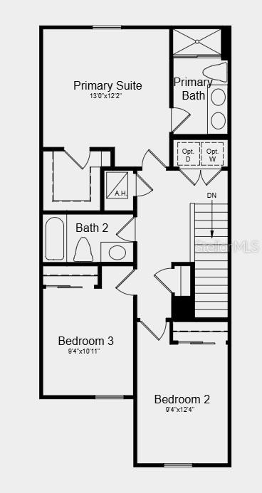 This is a floor plan of an upper level featuring three bedrooms, two bathrooms, and laundry — 2627 BALMERINO WAY, MOUNT DORA, FL