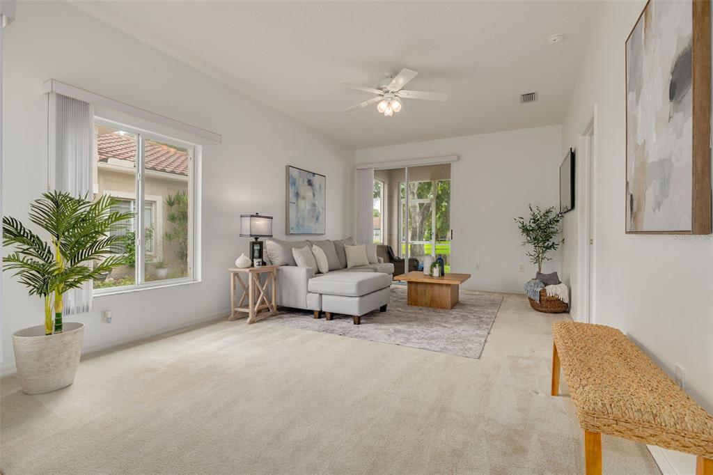 A living room features a gray sectional sofa, a coffee table, and a large window — 3777 DARSTON STREET, PALM HARBOR, FL