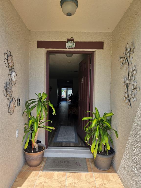 A front entryway features two potted plants, wall decor, a welcome mat, and an open door — 3277 AMBERLEY PARK CIRCLE, KISSIMMEE, FL