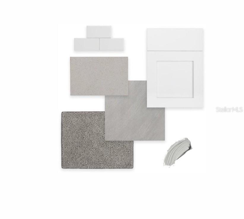 This is a digital rendering of interior design finish samples including cabinetry, tile, and flooring — 5584 COOPERS HAWK TRAIL, ST CLOUD, FL