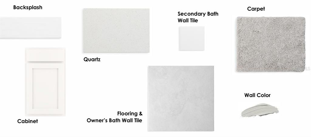 This image displays a selection of interior design finishes including cabinetry, tile, quartz, and carpet — 5584 COOPERS HAWK TRAIL, ST CLOUD, FL