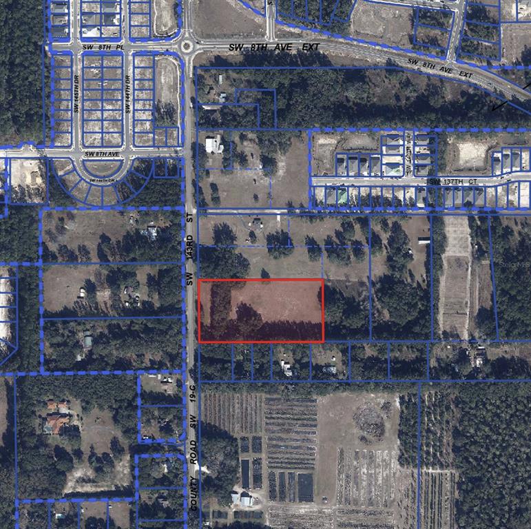 An aerial map view shows a rectangular parcel of land highlighted in red — 1119 SW 143RD STREET, NEWBERRY, FL