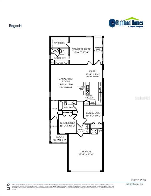 This is a floor plan for a Highland Homes Begonia model house — 8668 WILDFLOWER FIELD LANE, WILDWOOD, FL