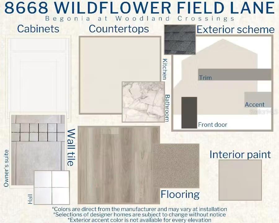 This design board displays interior and exterior finish selections for a new home construction project — 8668 WILDFLOWER FIELD LANE, WILDWOOD, FL