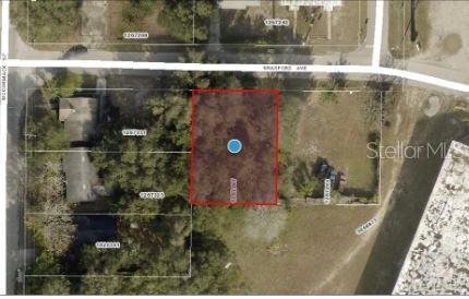 This is an aerial map view showing a vacant rectangular lot outlined in red — 1903 BRADFORD AVENUE, LEESBURG, FL