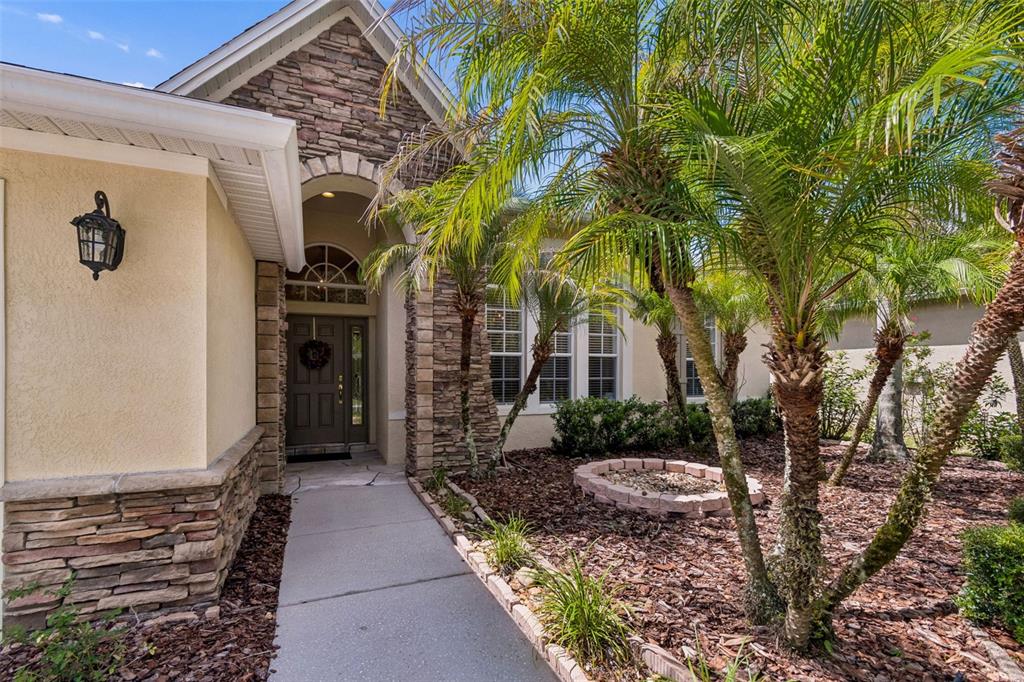 The exterior of a house features a stone facade, a concrete walkway, and palm trees — 7308 AMBLESIDE DRIVE, LAND O LAKES, FL