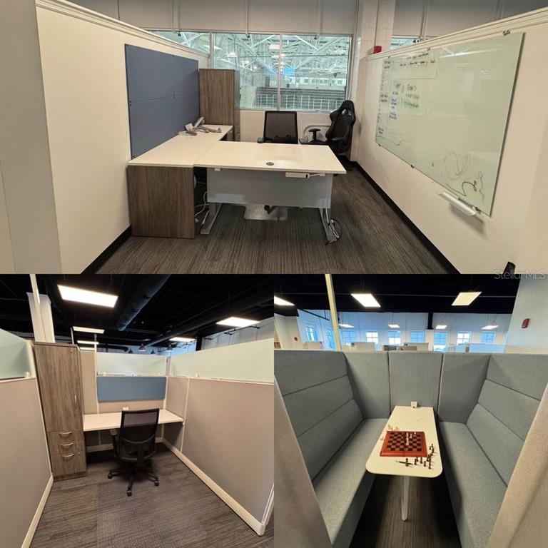 This collage shows office workspaces, including a private desk, a cubicle, and a seating area — 8701 MAITLAND SUMMIT BOULEVARD UNIT Breezeway Suite 1, ORLANDO, FL