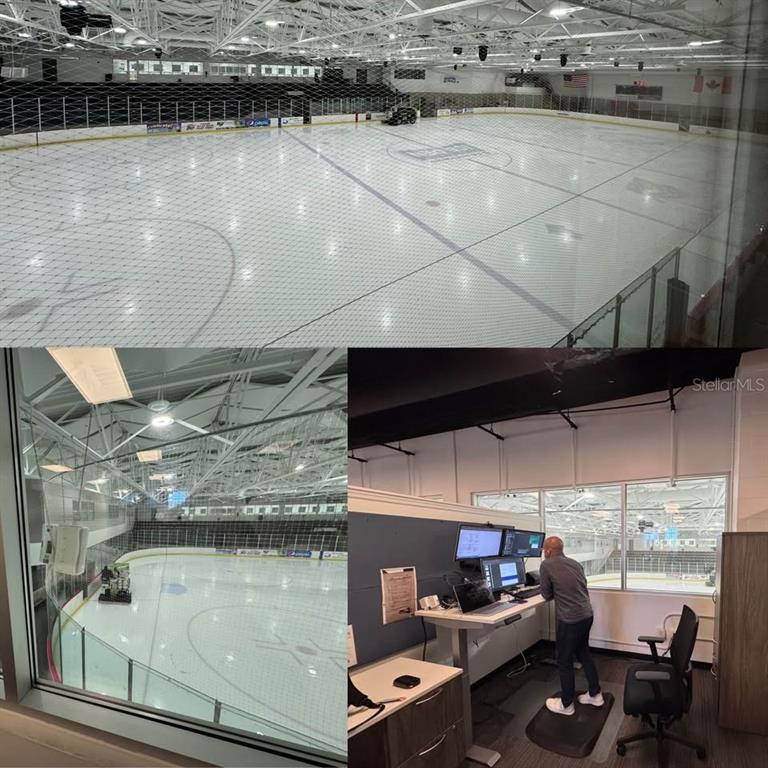 This composite image shows an indoor ice hockey rink and an adjacent office control room — 8701 MAITLAND SUMMIT BOULEVARD UNIT Breezeway Suite 1, ORLANDO, FL