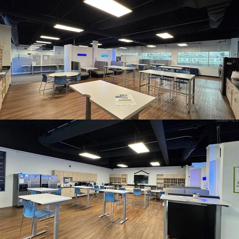 This office breakroom features multiple tables, chairs, kitchen appliances, and wood-look flooring — 8701 MAITLAND SUMMIT BOULEVARD UNIT Breezeway Suite 1, ORLANDO, FL
