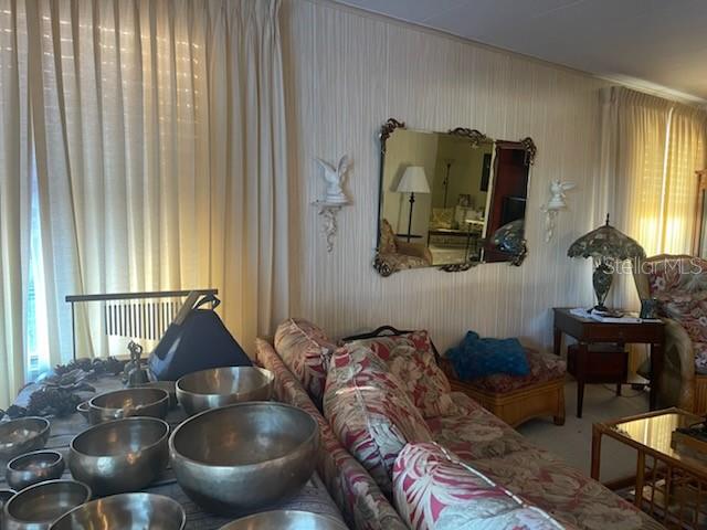 A living room features a floral sofa, a wall mirror, and several metal singing bowls — 19 BOBCAT TRAIL, WILDWOOD, FL