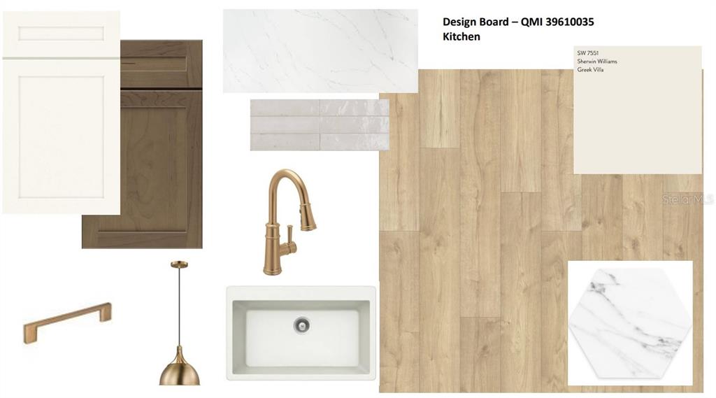 A modern kitchen features white cabinets, a wood-toned island, quartz countertops, and stainless steel appliances — 7249 MEADOWSHADE COURT, SARASOTA, FL