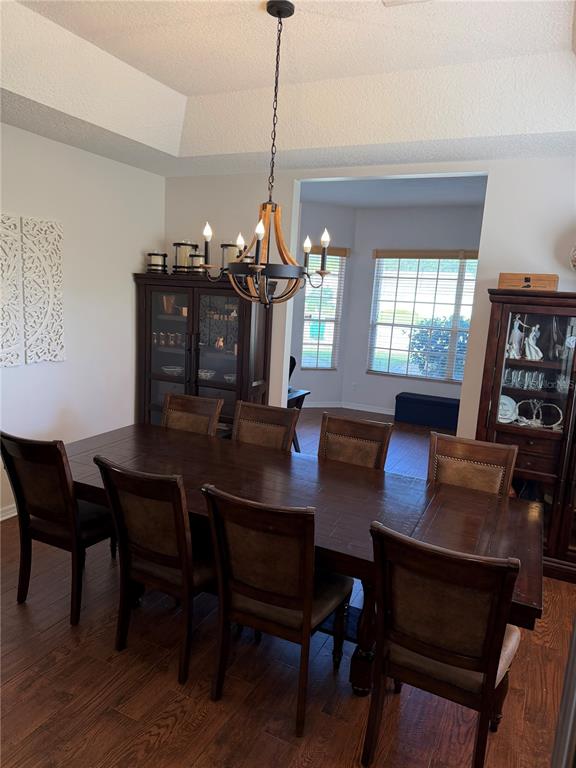 A dining room features a dark wood table, six chairs, a chandelier, and two china cabinets — 313 MACARTHUR PLACE, MAITLAND, FL