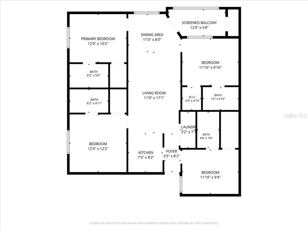 This is a floor plan for a multi-bedroom apartment with a kitchen, living area, and balcony — 4000 SW 23RD STREET UNIT 4-305, GAINESVILLE, FL