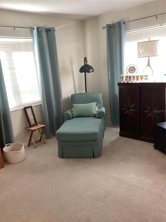 A living room features a light blue chaise lounge, two windows with curtains, and a cabinet — 2512 LANCASTER DRIVE UNIT 2512, SUN CITY CENTER, FL