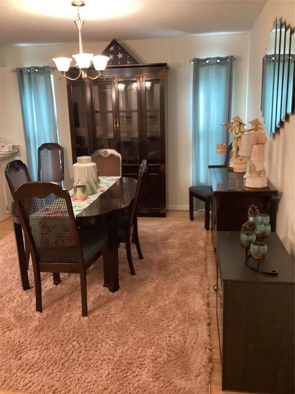 A dining room features a dark wood table and hutch, a pink rug, and teal curtains — 2512 LANCASTER DRIVE UNIT 2512, SUN CITY CENTER, FL