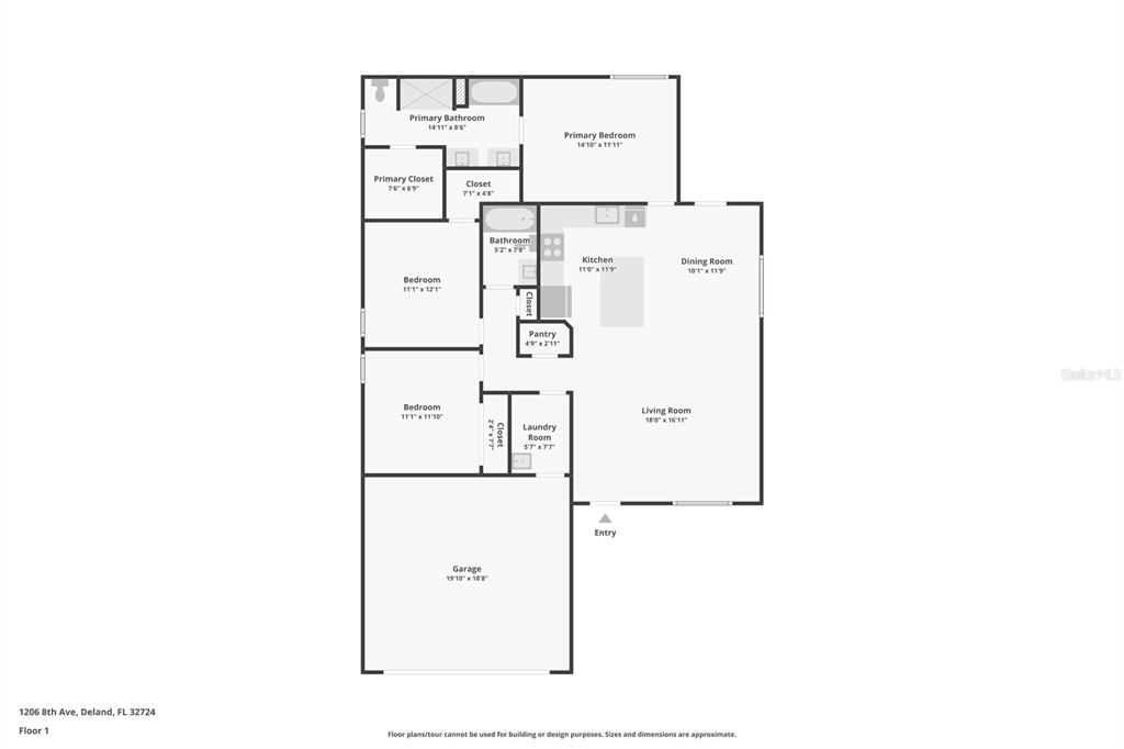 This is a floor plan of a single-story house featuring three bedrooms and a garage — 1885 9TH AVENUE, DELAND, FL