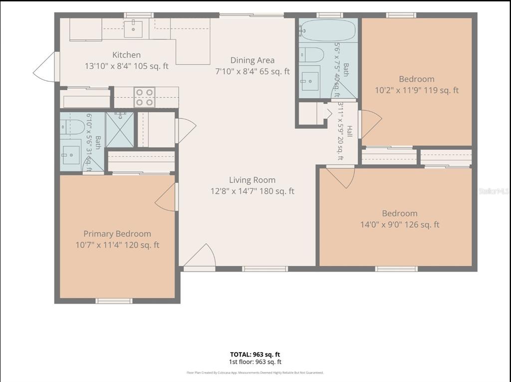 This is a floor plan of a two-bedroom, two-bathroom apartment with an open living area — 5225 DEERFIELD AVENUE, SPRING HILL, FL