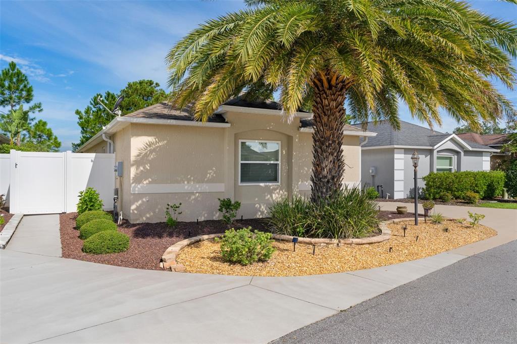 A tan single-story house features a large palm tree in the front yard landscaping — 16844 SE 91ST PHILLIPS COURT, THE VILLAGES, FL