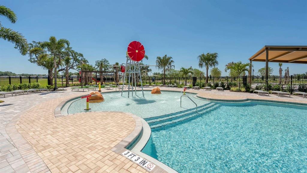 A swimming pool with a shallow splash pad area and a red water feature — 10650 HIDDEN BANKS GLEN, PARRISH, FL