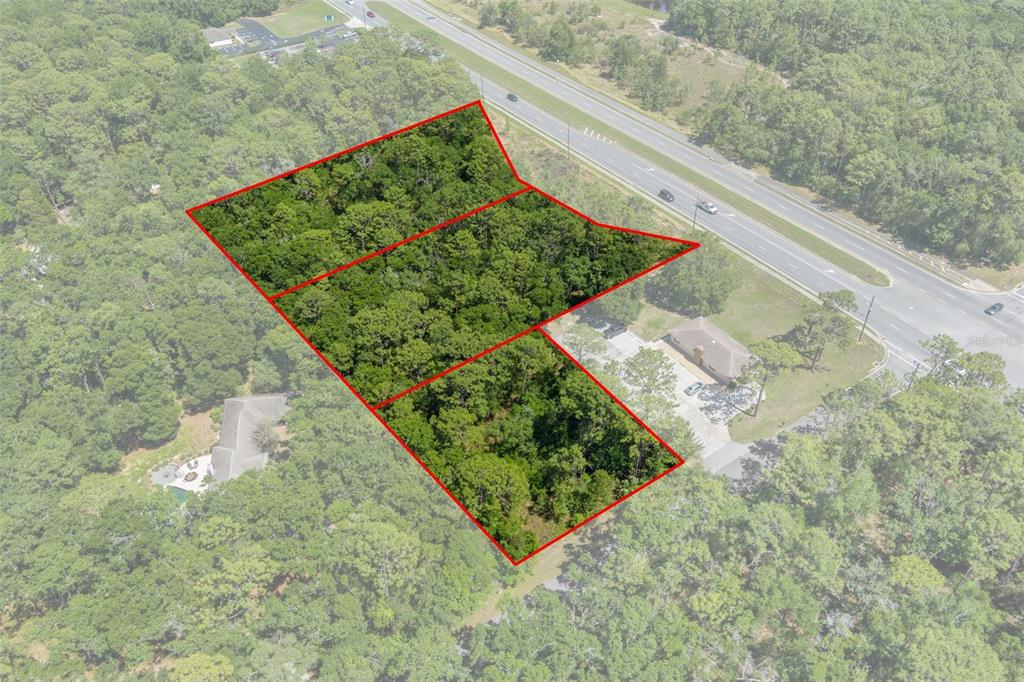 An aerial view shows three adjacent wooded lots outlined in red next to a highway — 2767 W NORVELL BRYANT HIGHWAY, LECANTO, FL