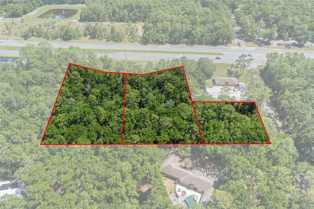 An aerial view shows three adjacent wooded lots outlined in red near a road — 2767 W NORVELL BRYANT HIGHWAY, LECANTO, FL