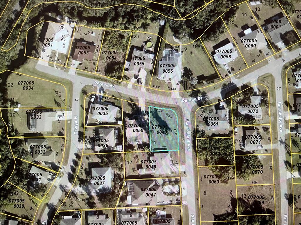 This is a property tax map showing parcel boundaries and lot numbers in a neighborhood — LOT 1 DORADO DRIVE, NORTH PORT, FL