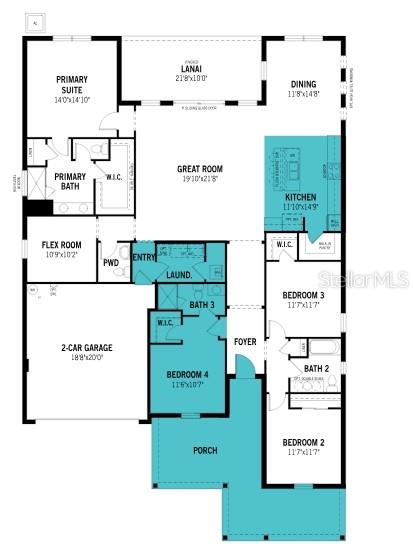 This is a floor plan for a single-story house with four bedrooms and a two-car garage — 308 FREE RANGE DRIVE, GROVELAND, FL