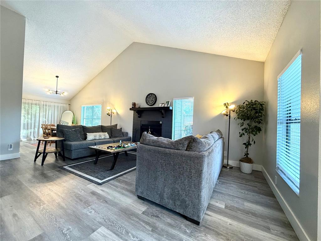 A living room features a vaulted ceiling, gray flooring, a fireplace, and two gray sofas — 2816 COUNTRYBROOK DRIVE UNIT L16, PALM HARBOR, FL