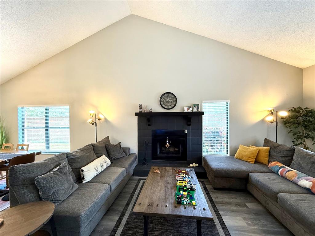 A living room features a vaulted ceiling, a black tiled fireplace, and two gray sofas — 2816 COUNTRYBROOK DRIVE UNIT L16, PALM HARBOR, FL