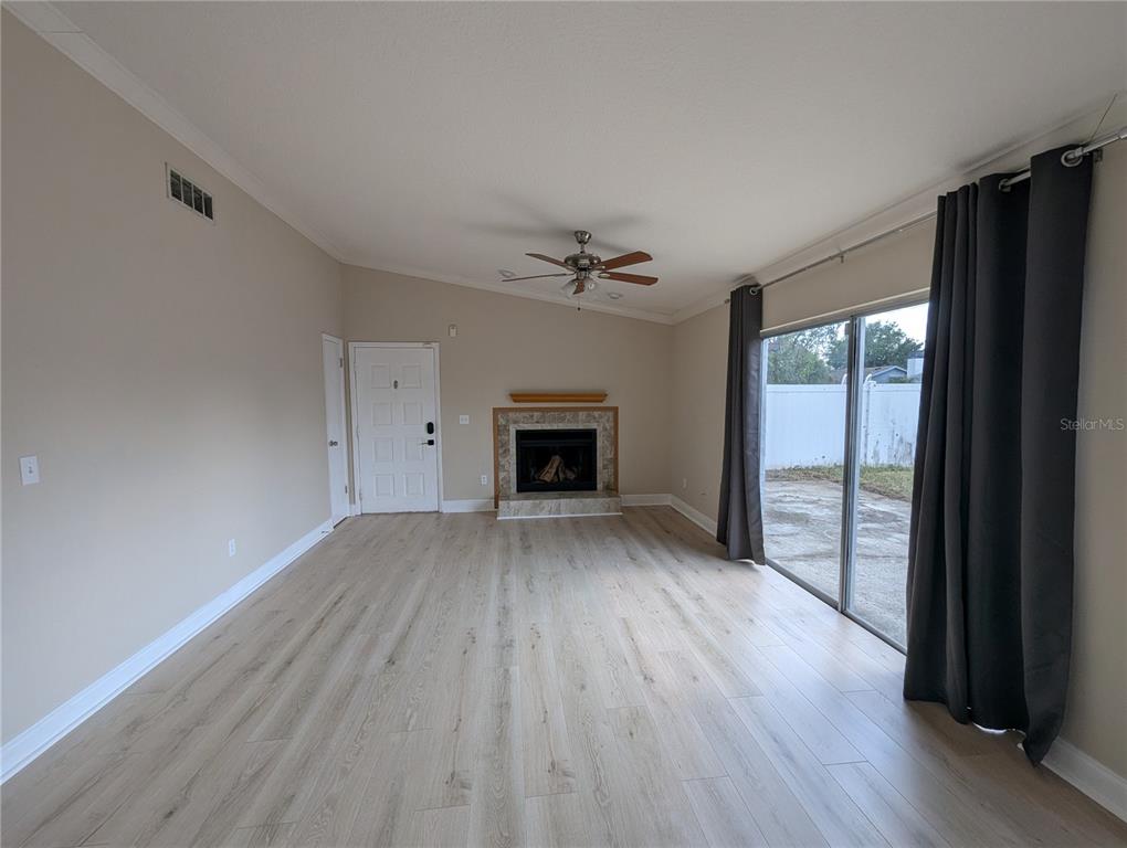 A living room features light wood-look flooring, a fireplace, a ceiling fan, and sliding doors — 1209 MOHRLAKE DRIVE, BRANDON, FL