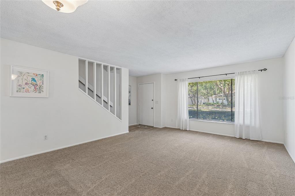 A carpeted living room features a white staircase railing, a front door, and a large window — 7803 AMBERLEA COURT, TEMPLE TERRACE, FL