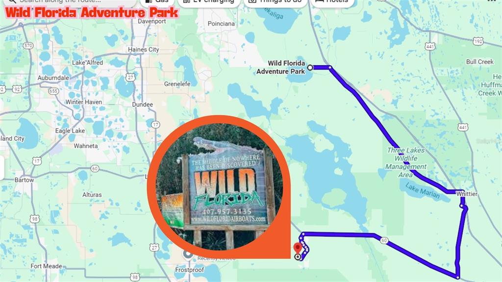 This is a map showing a route to Wild Florida Adventure Park in Florida — HWY 630 E, FROSTPROOF, FL